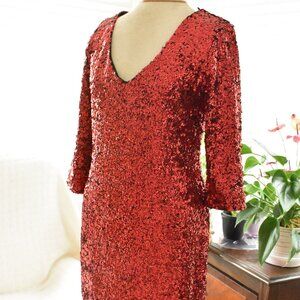 NWT METAPHOR Red Sequin Embellished Midi Fitted Dress Size M